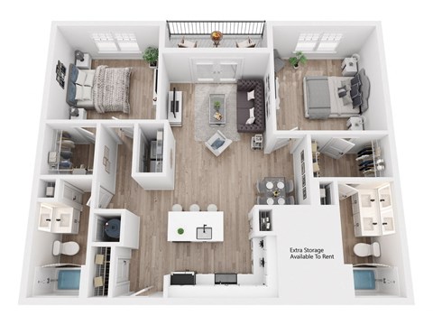 a 3d floor plan of a room with bedrooms and a living room